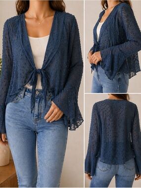 LC Lauren Conrad Sheer Blue Swiss Dot Tie Front Blouse Boho Lightweight Top NWT